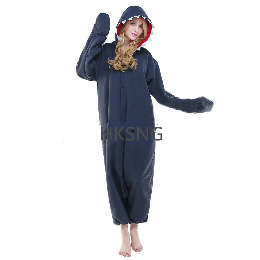 🦈 HKSNG Grey Shark Onesie – Cozy fleece cartoon costume for adults.