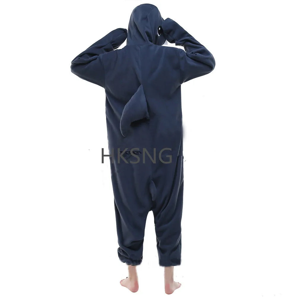 🦈 HKSNG Grey Shark Onesie – Cozy fleece cartoon costume for adults.