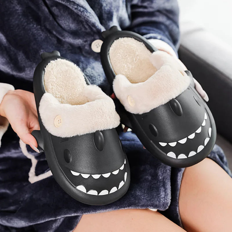 π¦ Winter Shark Cotton Slippers β Warm, waterproof plush slides for men & women.