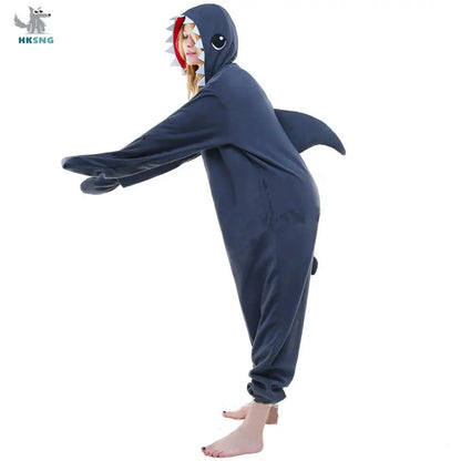 🦈 HKSNG Grey Shark Onesie – Cozy fleece cartoon costume for adults.