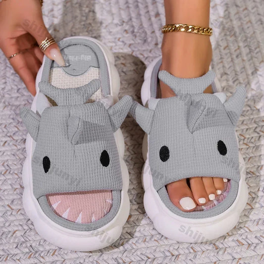🦈 Women’s Cartoon Shark Slippers – Soft, anti-slip cotton platform slides for women & couples.