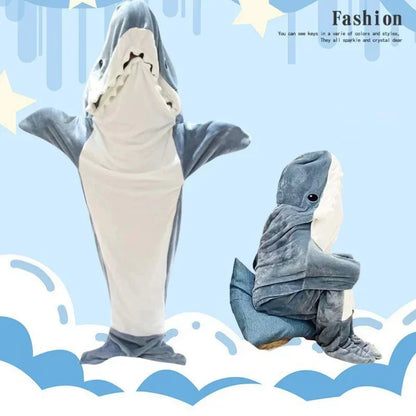 🦈 Cartoon Shark Blanket – Soft flannel hoodie onesie for adults