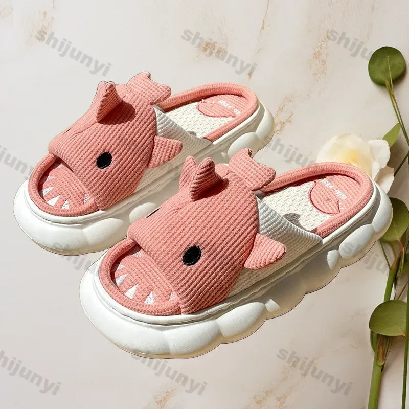 🦈 Women’s Cartoon Shark Slippers – Soft, anti-slip cotton platform slides for women & couples.