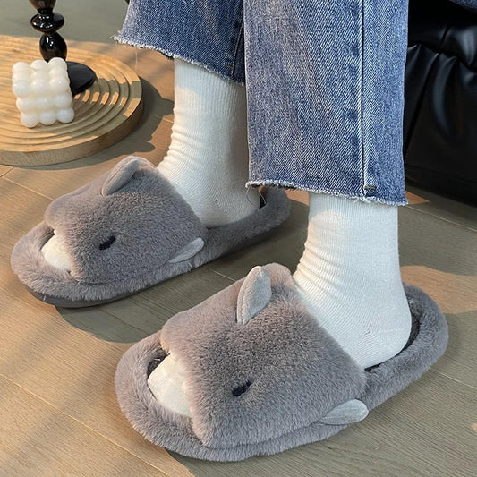 🦈 Plush Cartoon Shark Slippers – Soft, warm open-toe slippers for women & men