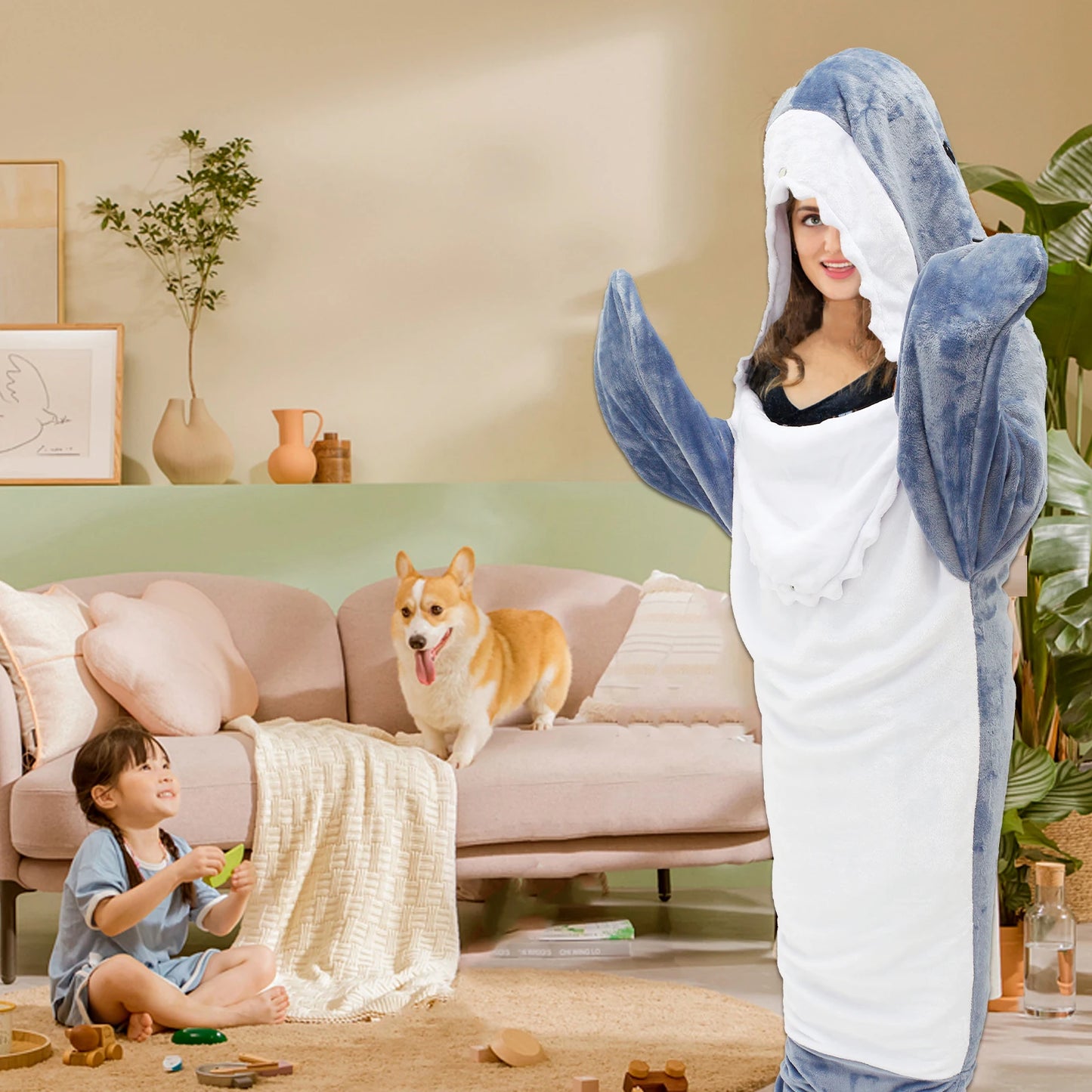 🦈 Shark Blanket Hoodie – Soft flannel wearable blanket for adults.