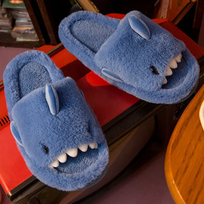 🦈 Plush Cartoon Shark Slippers – Soft, warm open-toe slippers for women & men
