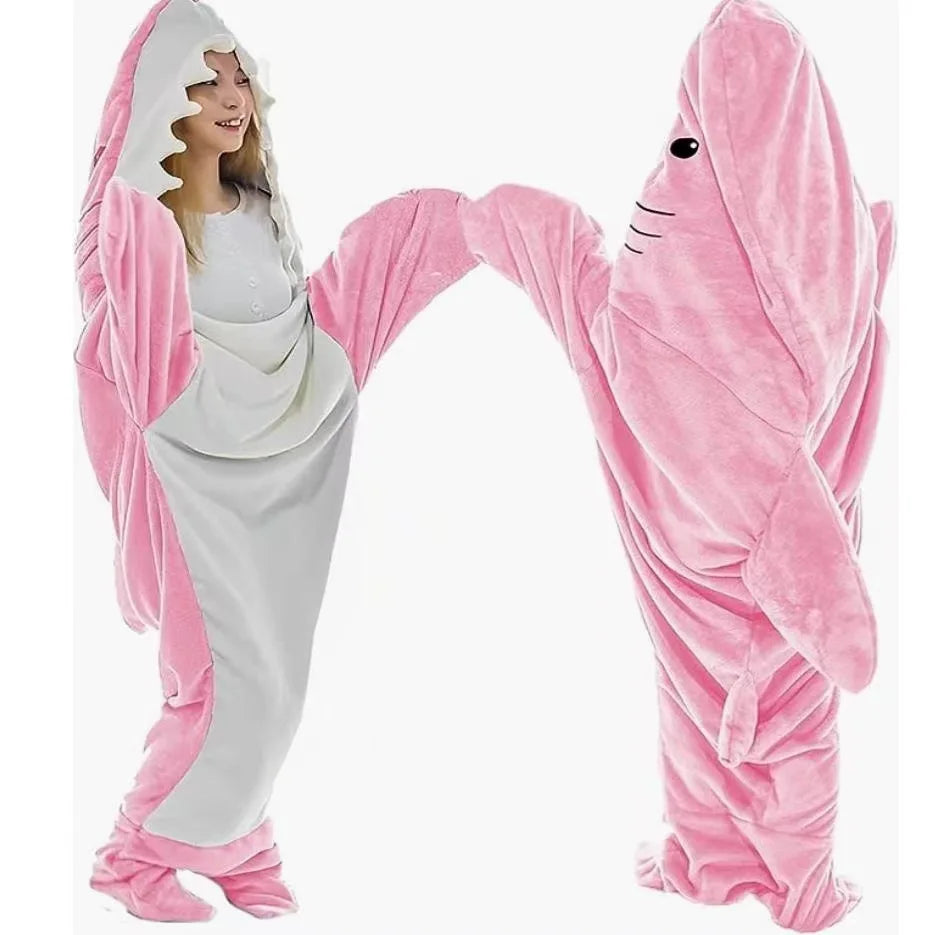 🦈 Cartoon Shark Blanket – Soft flannel hoodie onesie for adults