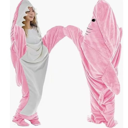 🦈 Cartoon Shark Blanket – Soft flannel hoodie onesie for adults