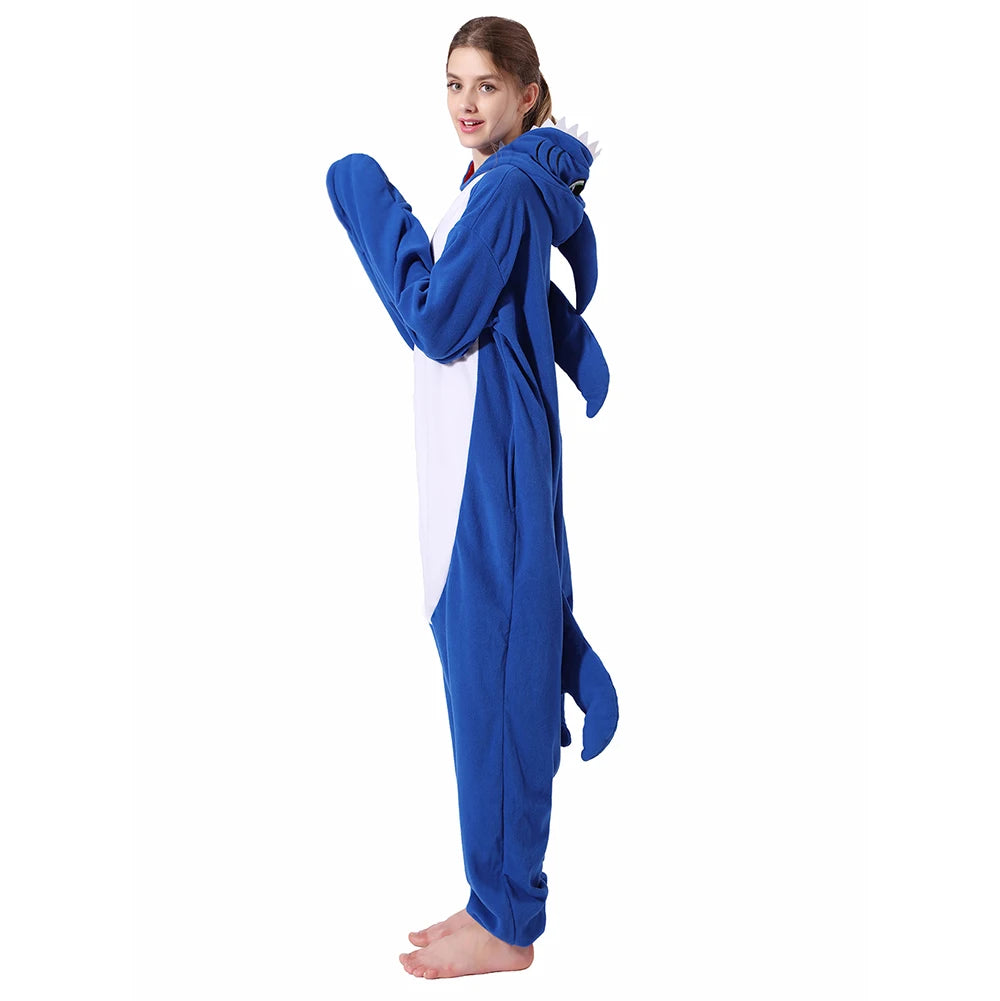 🦈 Blue Shark Onesie Pajamas – Soft cartoon kigurumi for men & women