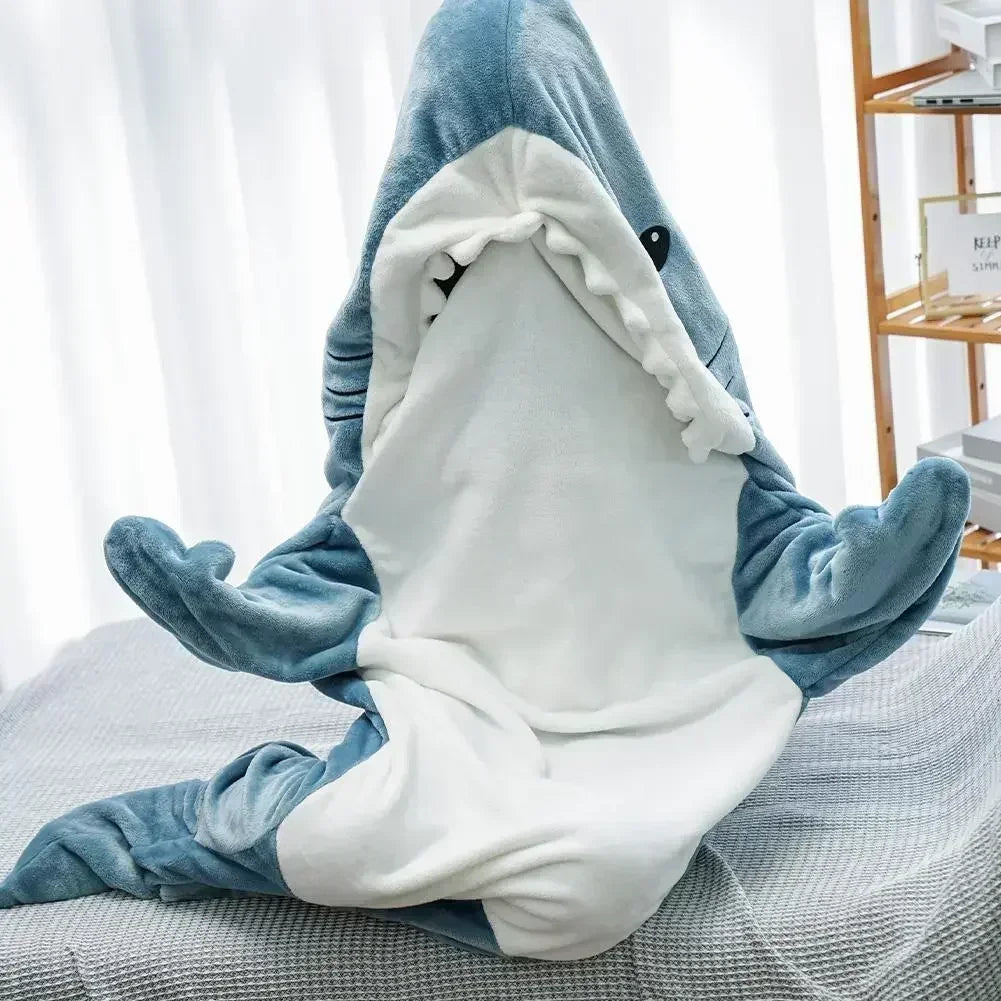 🦈 Cartoon Shark Blanket – Soft flannel hoodie onesie for adults