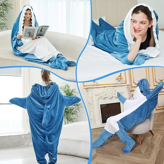 🦈 Shark Cosplay Onesie – Flannel adult pajamas & wearable blanket for couples.