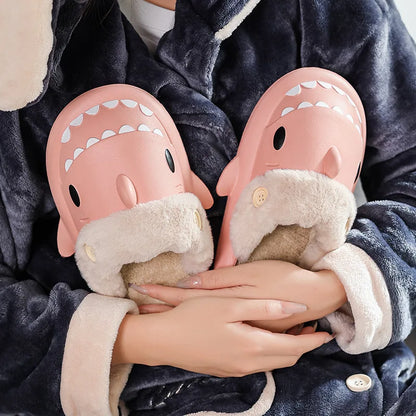 🦈 Winter Shark Cotton Slippers – Warm, waterproof plush slides for men & women.