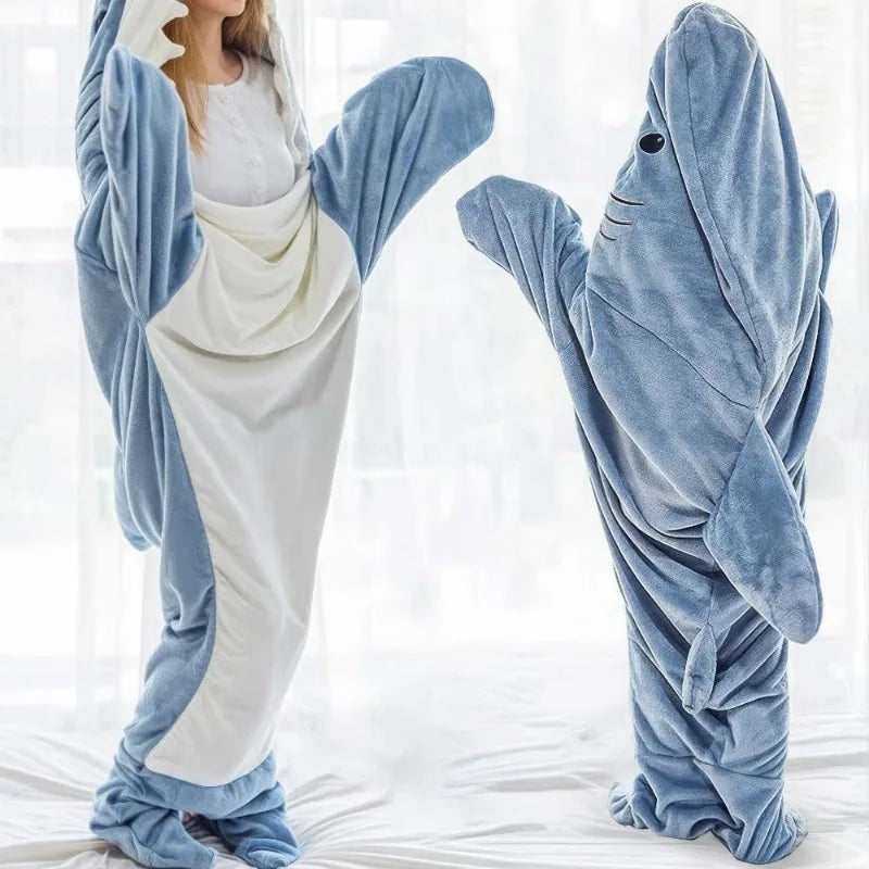 🦈 Shark Cosplay Onesie – Flannel adult pajamas & wearable blanket for couples.