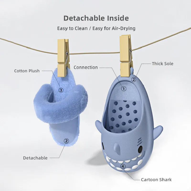 🦈 Men & Women Shark Slippers – Detachable, waterproof EVA slippers with warm plush cotton.