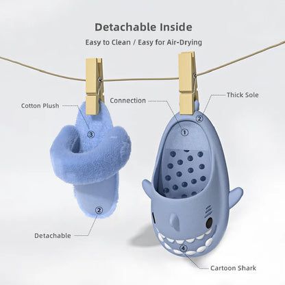 🦈 Men & Women Shark Slippers – Detachable, waterproof EVA slippers with warm plush cotton.
