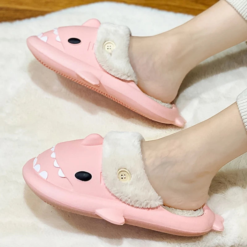 🦈 Winter Shark Cotton Slippers – Warm, waterproof plush slides for men & women.