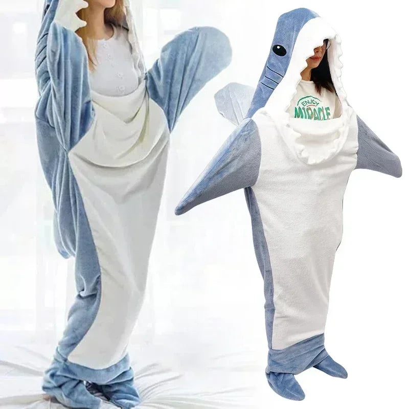 🦈 Cartoon Shark Blanket Robe – Comfy plaid sleeping bag & bathrobe for women.