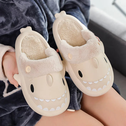 🦈 Winter Shark Cotton Slippers – Warm, waterproof plush slides for men & women.