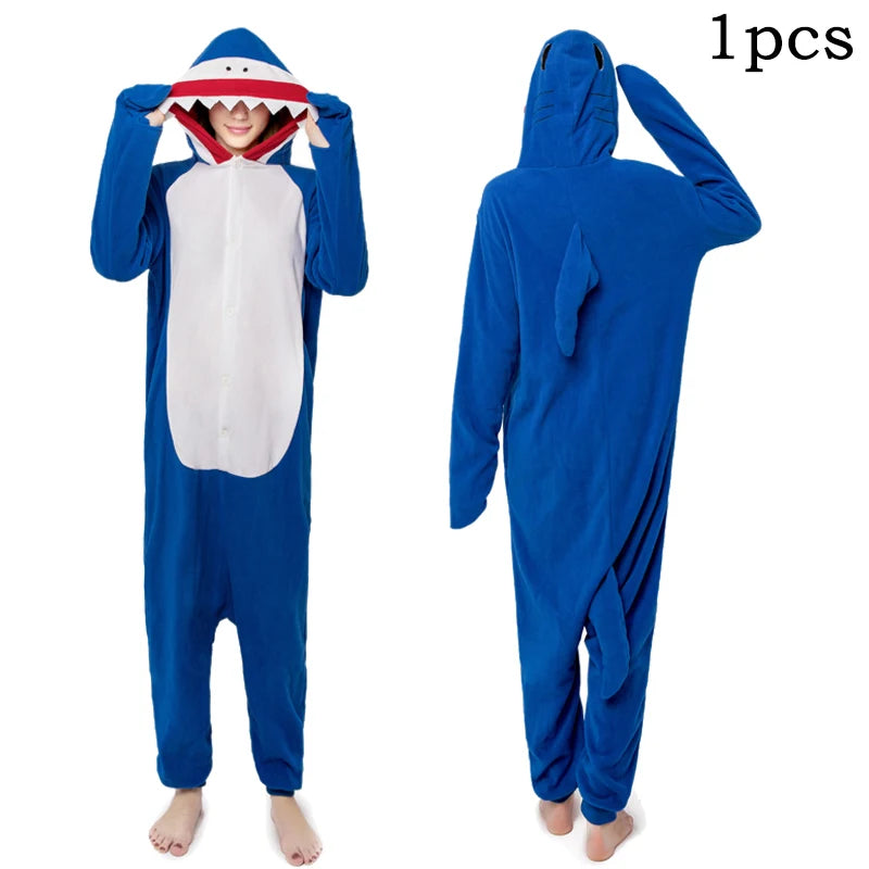 🦈 Blue Shark Onesie Pajamas – Soft cartoon kigurumi for men & women