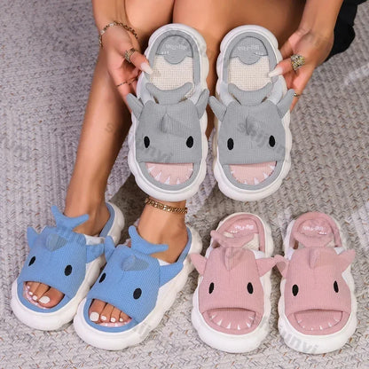 🦈 Women’s Cartoon Shark Slippers – Soft, anti-slip cotton platform slides for women & couples.