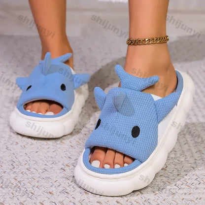 🦈 Women’s Cartoon Shark Slippers – Soft, anti-slip cotton platform slides for women & couples.