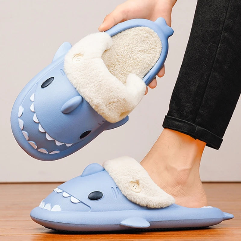 🦈 Winter Shark Cotton Slippers – Warm, waterproof plush slides for men & women.