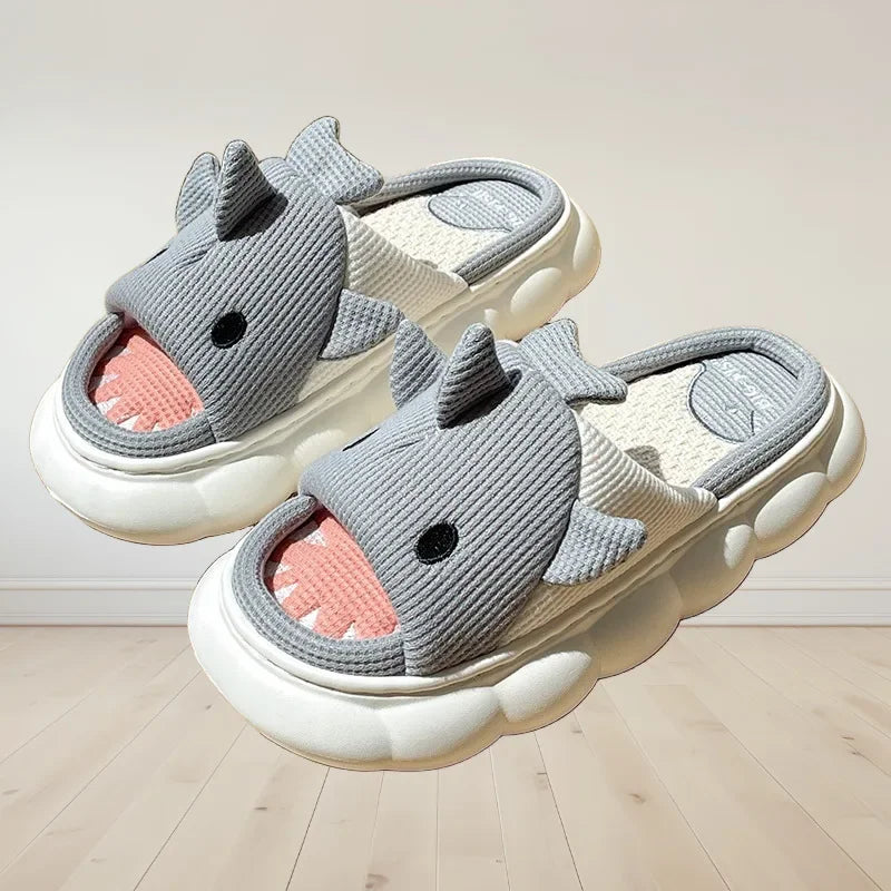 🦈 Women’s Cartoon Shark Slippers – Soft, anti-slip cotton platform slides for women & couples.