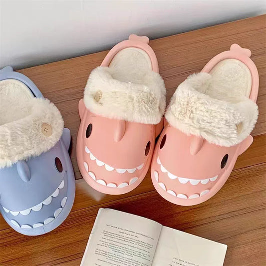 🦈 Winter Shark Cotton Slippers – Warm, waterproof plush slides for men & women.