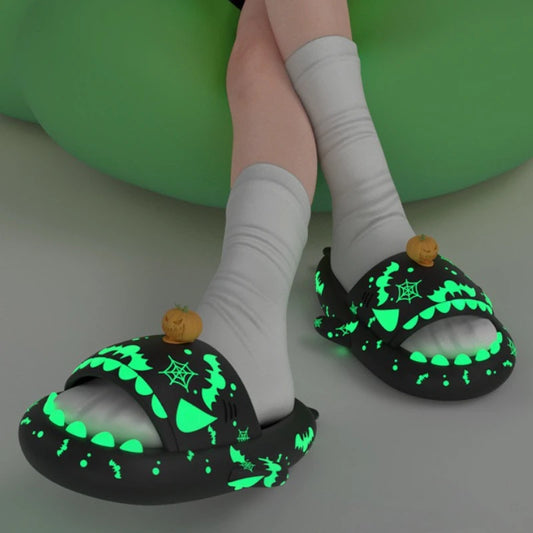 🦈 Night Glowing Shark Slippers – Fun platform slides for women & men.