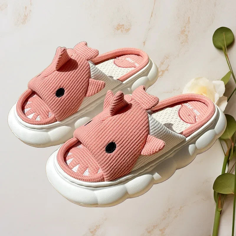 🦈 Women’s Cartoon Shark Slippers – Soft, anti-slip cotton platform slides for women & couples.