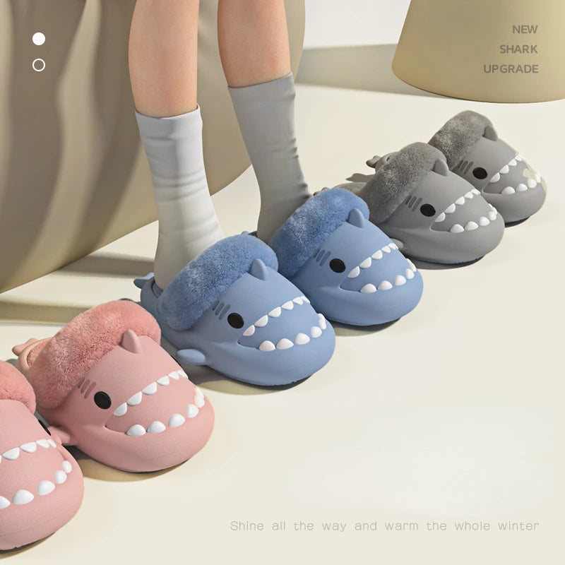 🦈 Men’s Winter Plush Shark Slippers – Warm, fluffy cotton slides for adults and couples