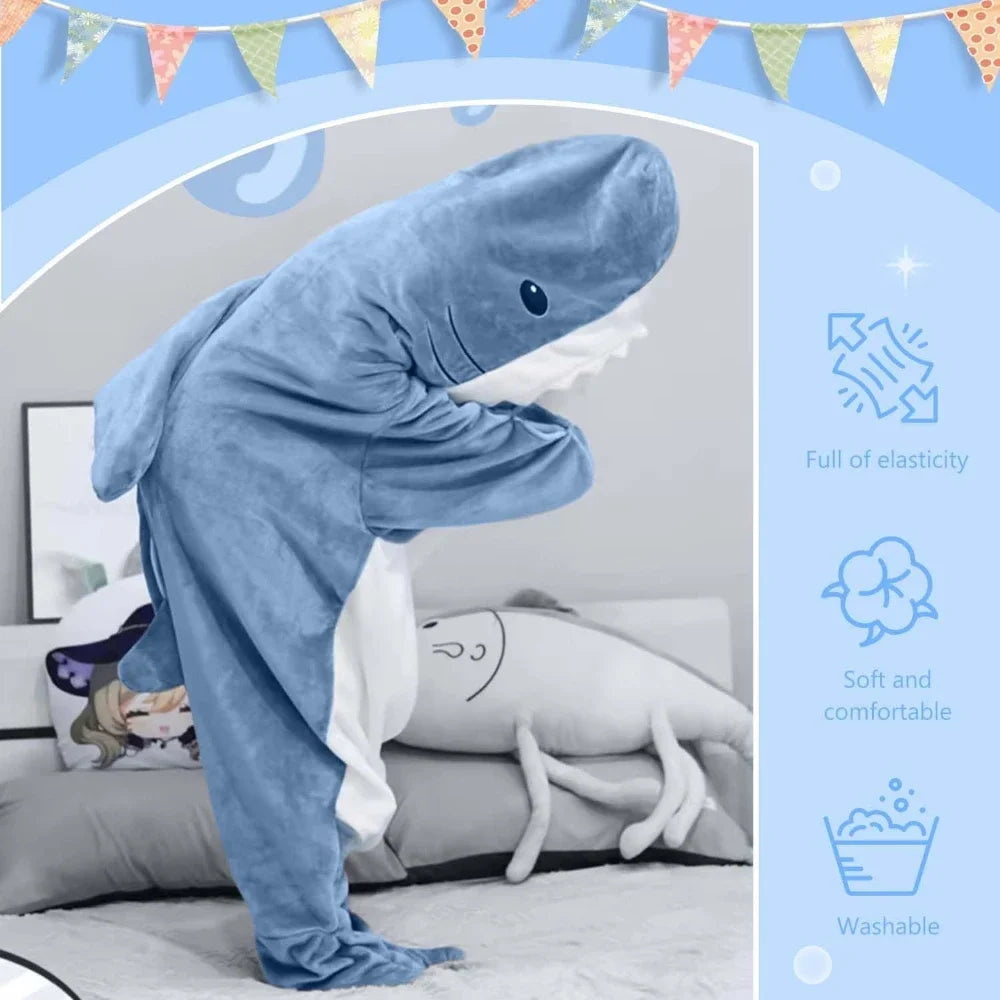 🦈 Shark Cartoon Sleeping Bag – Super soft hooded flannel blanket & onesie for adults.