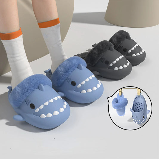 🦈 Men’s Winter Plush Shark Slippers – Warm, fluffy cotton slides for adults and couples