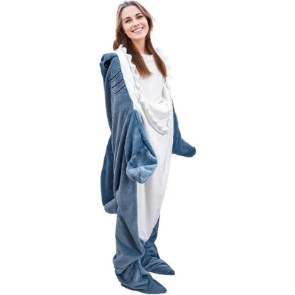 🦈 Shark Cosplay Onesie – Flannel adult pajamas & wearable blanket for couples.