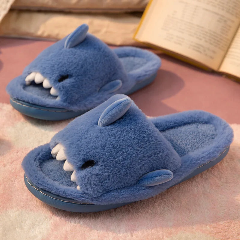 🦈 Plush Cartoon Shark Slippers – Soft, warm open-toe slippers for women & men