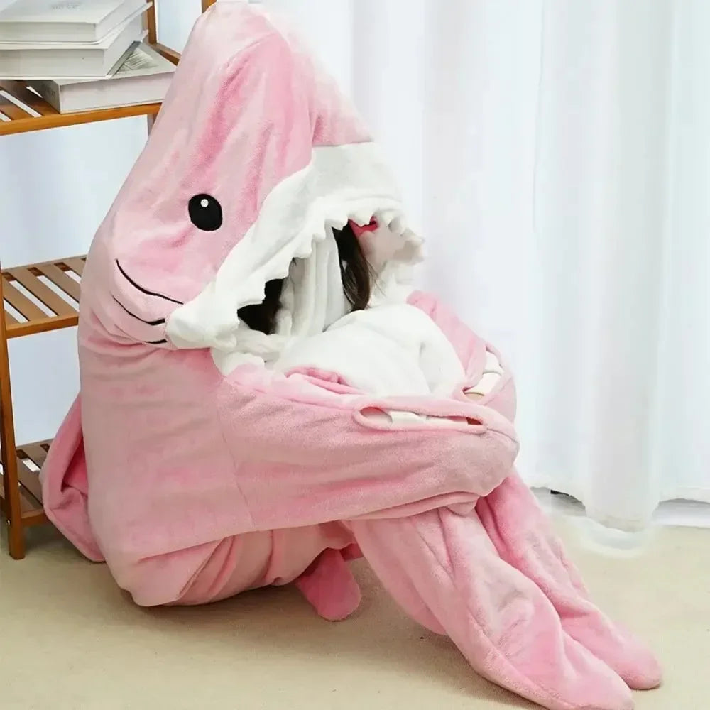 🦈 Shark Cartoon Sleeping Bag – Super soft hooded flannel blanket & onesie for adults.