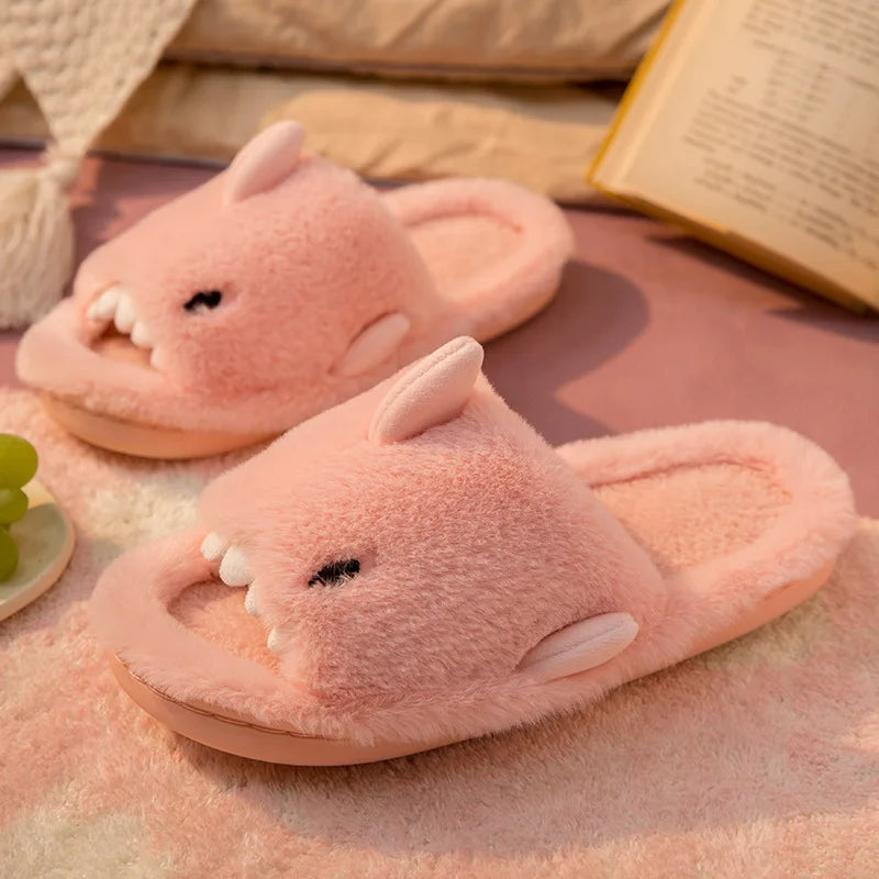 🦈 Plush Cartoon Shark Slippers – Soft, warm open-toe slippers for women & men