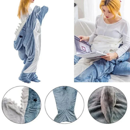 🦈 Cartoon Shark Blanket Robe – Comfy plaid sleeping bag & bathrobe for women.