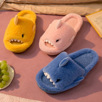 🦈 Plush Cartoon Shark Slippers – Soft, warm open-toe slippers for women & men