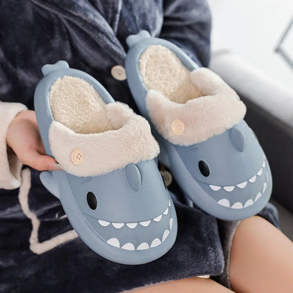 🦈 Winter Shark Cotton Slippers – Warm, waterproof plush slides for men & women.