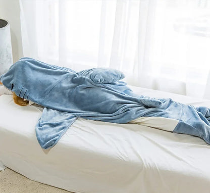 🦈 Cartoon Shark Blanket – Soft flannel hoodie onesie for adults