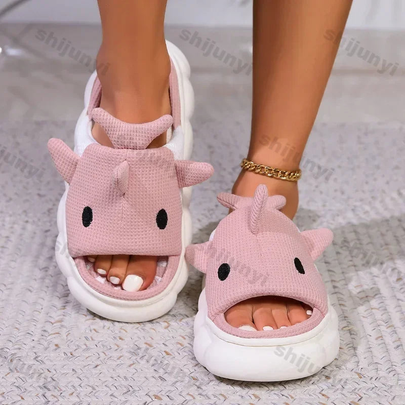 🦈 Women’s Cartoon Shark Slippers – Soft, anti-slip cotton platform slides for women & couples.